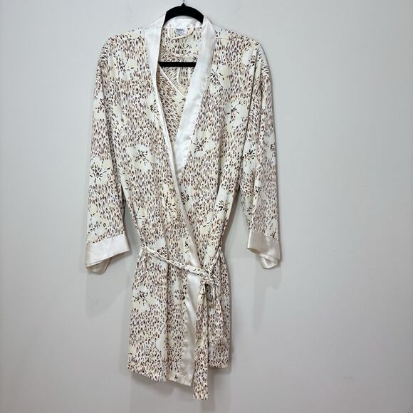 Cabernet Sleepwear Satin Robe & Top Set Women L/XL Tan Leopard Silky Loungewear - Picture 1 of 8
